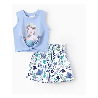 Disney Frozen Toddler Girl 2pcs Cotton Elsa Pattern Knotted Tank Top And Floral Print Shorts Set