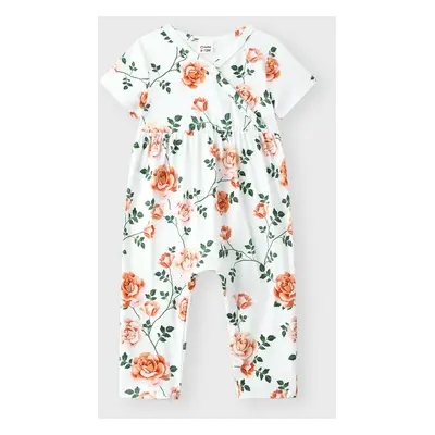 Baby Girl Clothes All Over Floral Print V Neck Short-sleeve Snap-up Jumpsuit