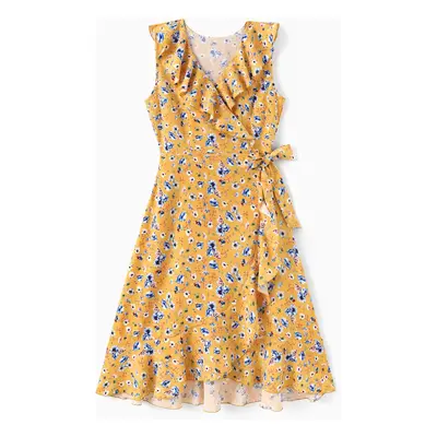 Mommy and Me Ditsy Floral V-Neck Concealed Button A-Line Yellow Ruffle Collar Dresses