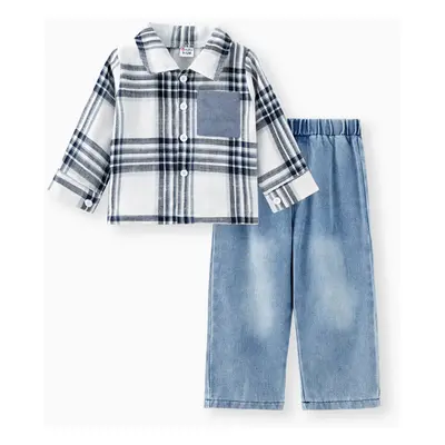 2pcs Baby Boy Patch Pocket Long-sleeve Plaid Shirt and Denim Jeans Set