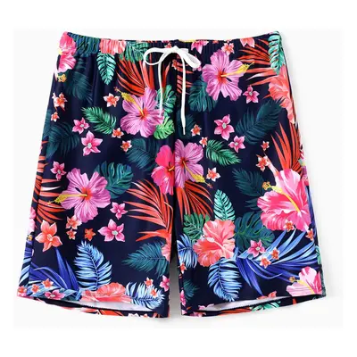 Family Matching Tropical Floral Drawstring Swim Trunks or Ruched Drawstring Side Strap Swimsuit