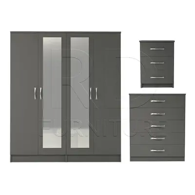 Ready assembled Pcs Classic Door Double Mirrored Wardrobe, Chest And Bedside Set Grey