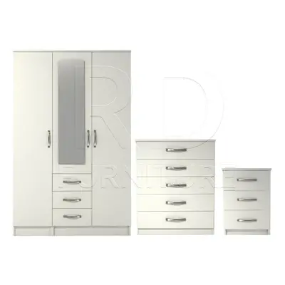 Ready assembled Pcs Classic Door Drawer Combi Mirrored Wardrobe, Chest And Bedside Set White