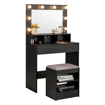 Dressing Table Stool Set w/ Vanity Mirror LED Light Bulbs & Drawer