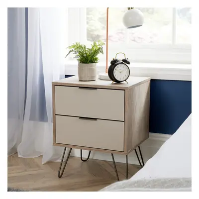 2 Drawer Bedside Cabinet Lamp Side Table Driftwood Calico Finish Steel Grey Legs