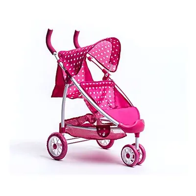 Dotty Tandem Twin Double Dolls Pram Pink Polka