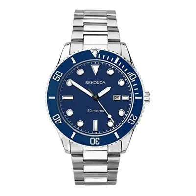 Sekonda Mens Blue Date Dial, Silver Case and Stainless Steel Bracelet