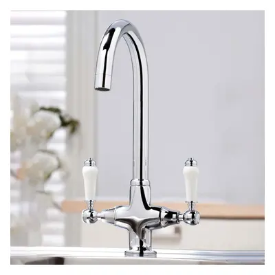 Twin Lever Traditional Brass Kitchen Sink Mixer Mono Chrome