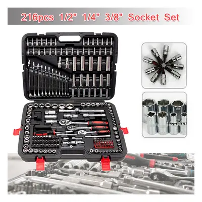 216 Piece Ratchet Spanner Socket Set 1/2" 1/4" 3/8" Toolbox Tool Kit