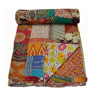 Indian Vintage patchwork Kantha Quilt Handmade Throw Reversible Blanket Bedspread Cotton Fabric 