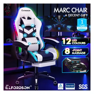 ELFORDSON Gaming Office Chair RGB LED Massage Computer Seat Footrest White