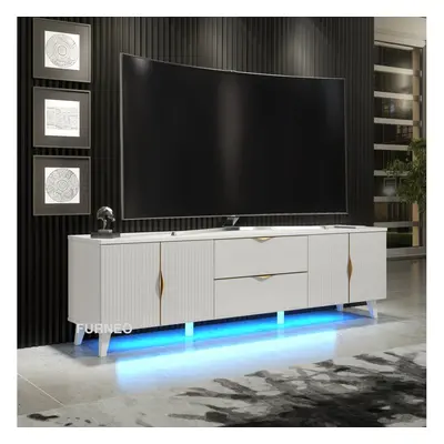 White TV Stand 180cm Unit Cabinet Matt & High Gloss Azzurro10 Brushed Gold Handles LED Lights