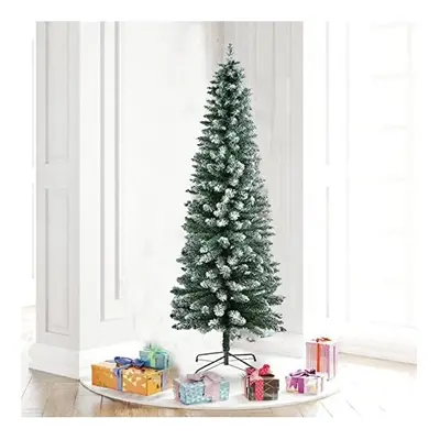 7FT Snow Tipped Pencil Slim Green Artificial Christmas Tree, Xmas Tree Tips Easy Assembly Foldab