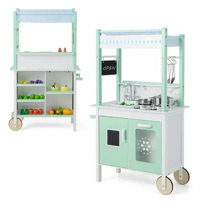 Double-sided Pretend Play Kitchen Grocery Store Playset w/ LED Light Bars 2-In-1