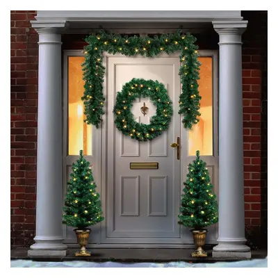 Set of Pre Lit Christmas Door Decoration Kit - 90cm Trees / Garland & 60cm Wreath