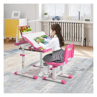 Kids Study Desk Chair Set w/ Book Stand & LED Light Height Adjustable