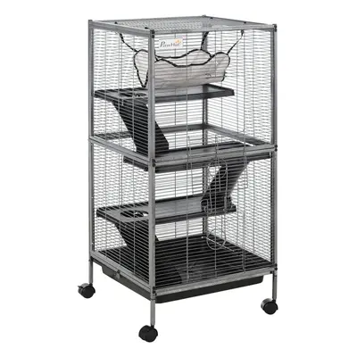 PawHut Rolling Small Animal Cage for Chinchillas Ferrets Kittens W/ Ramp Silver