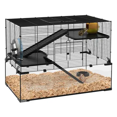 PawHut Tiers Hamster Cage w/ Deep Glass Bottom, Dish, Hut, 78.5 x 48.5 x 57cm