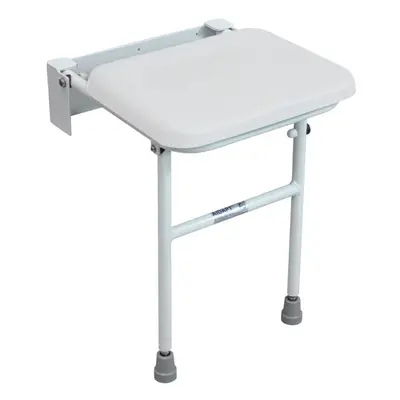 Compact Folding Shower Seat with Support Legs - White Padded Seat - Wall Mounted