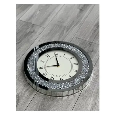 Silver Round Mirror Clock with Crushed Crystal Filled Diamond Crushed Wall Clock, 35x35cm