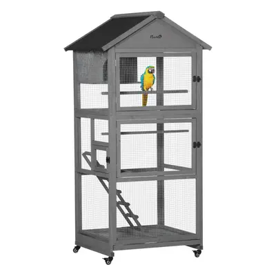 PawHut Bird Cage Wooden Aviary for Canary Cockatiel Parrot w/ Wheels Tray