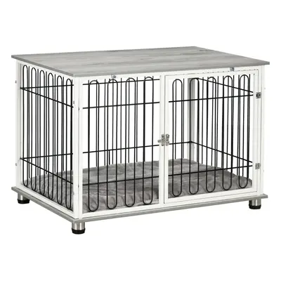 PawHut Dog Crate Furniture End Table w/ Soft Washable Cushion, Lockable Door