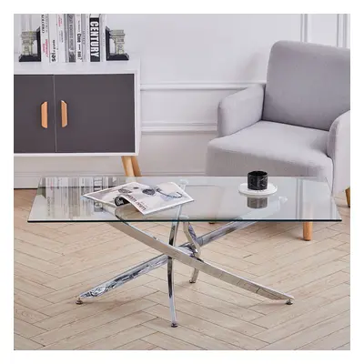 Rectangle Clear Glass Coffee Table with Cross Chrome Leg Living Room Furniture