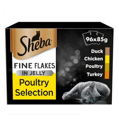 96 x 85g Sheba Fine Flakes Adult Wet Cat Food Pouches Mixed Poultry in Jelly