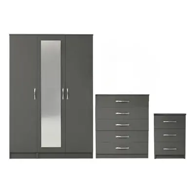 Ready assembled Pcs Classic Door Mirrored Wardrobe, Chest And Bedside Set Grey