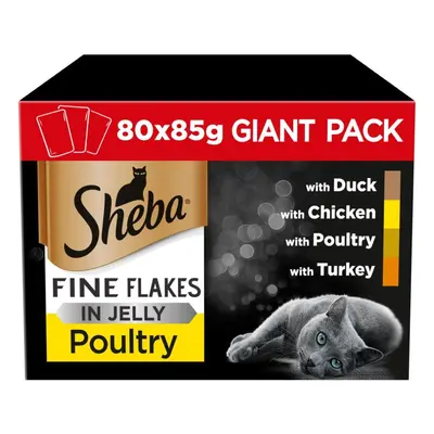 80 x 85g Sheba Fine Flakes Adult Wet Cat Food Pouches Mixed Poultry in Jelly