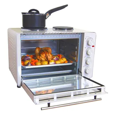 Igenix IG7145 Mini Oven with Electric Double Hotplate Hob, Ideal for Roasting, Litre, White