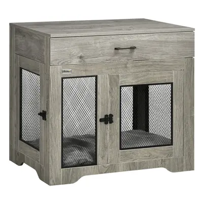 PawHut Modern Pet Crate End Table w/ Double Doors, Drawer, for Medium Dogs