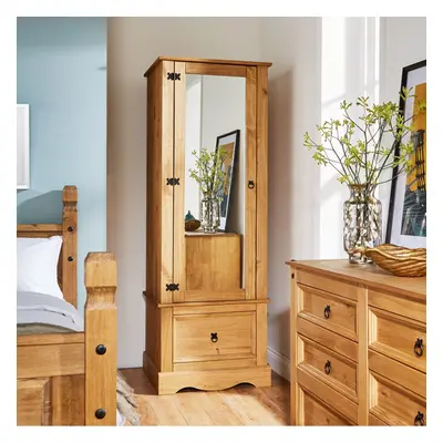 Pine Armoire Wardrobe Door Mirrored Storage Drawer Solid Wood