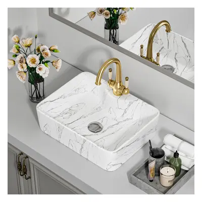 Rectangular White Ceramic Marble Effect Texture Countertop Basin Bathroom Sink W 480mm x D 370mm