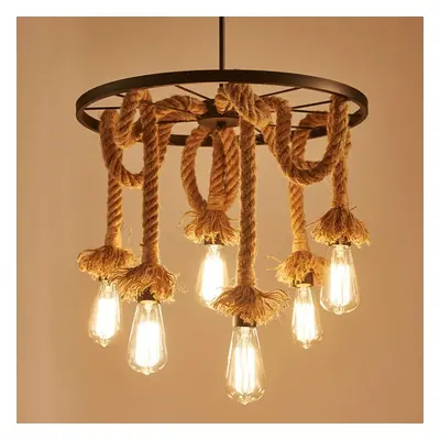 Industrial Chandelier Vintage Hemp Rope Pendant Light Creative Wheel Lights Ceiling Lamp for Liv