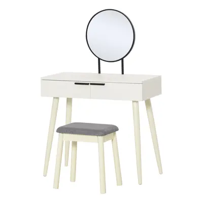 HOMCOM Dressing Table Vanity Set Make Up Desk with Round Mirror & Stool White