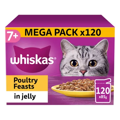 120 x 85g Whiskas 7+ Poultry Feasts Mixed Senior Wet Cat Food Pouches in Jelly