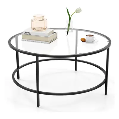 90cm Round Coffee Table Central Tea Snack Table Glass Top Metal Frame