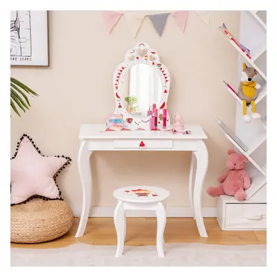 Children's Vanity Dressing Table & Stool Set W/ Tri-fold Mirror & Drawers