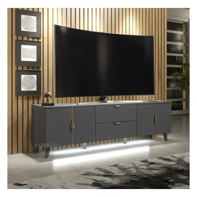 Furneo Grey TV Stand 180cm Unit Cabinet Azzurro10G Brushed Gold Handles LED Lights