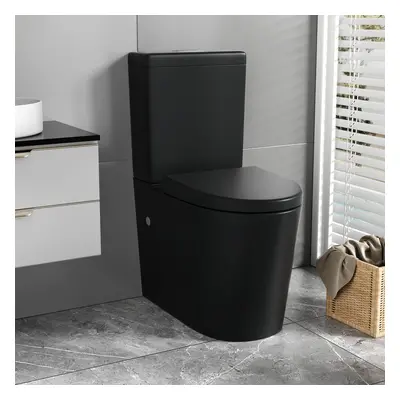 Black Rimless Close Coupled Toilet WC Comfort Height Pan Cistern Soft Close Seat