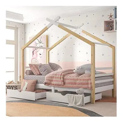 Wooden House Bed with Two Storage Drawers for Kids, Solid Pine Wood, FT Single Tree House,190*90