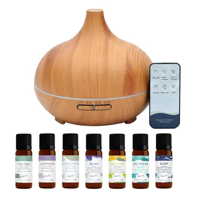 Electric Aroma Diffuser & Seven 100% Pure Essential Oils | LED Colours | Light Wood Effect | 500