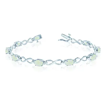 10K White Gold Oval Opal Stones And Diamonds Infinity Tennis Bracelet, 7"