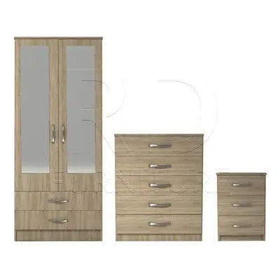 Ready assembled Pcs Classic Door Drawer Mirrored Wardrobe, Chest And Bedside Set Oak