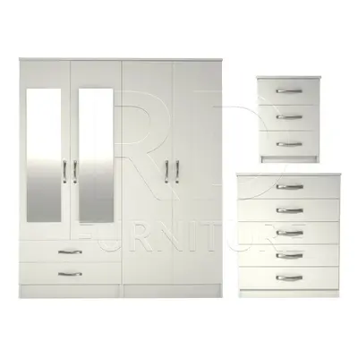 Ready assembled Pcs Classic Door Drawer Mirrored Wardrobe, Chest And Bedside Set White