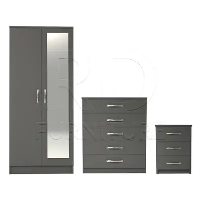 Ready assembled Pcs Classic Door Mirrored Wardrobe, Chest And Bedside Set Grey