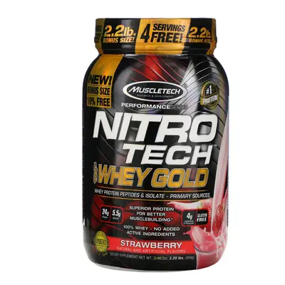 Muscletech, Nitro Tech, 100% Whey Gold, Strawberry, 2.20 lbs (999 g)