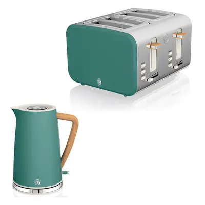 Swan Nordic Green Kitchen Set with 1.7 Litre Kettle and Slice Toaster, Wood Effect and Soft Toug