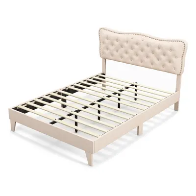 (King, Beige) Bed Frame Platform Bed w/Tufted Headboard Wooden Slats